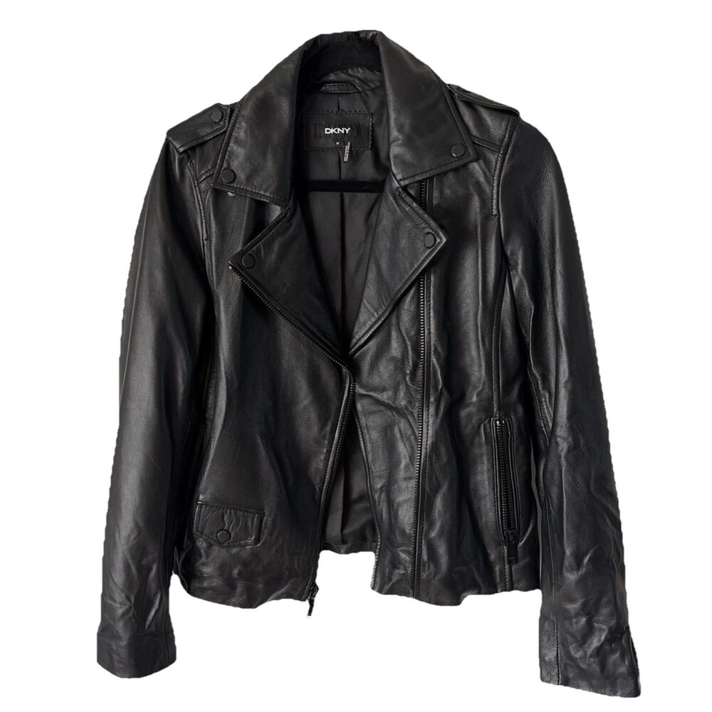 DKNY Genuine Black Leather Moto Jacket Womens XS Biker Asym Zip Minimalist